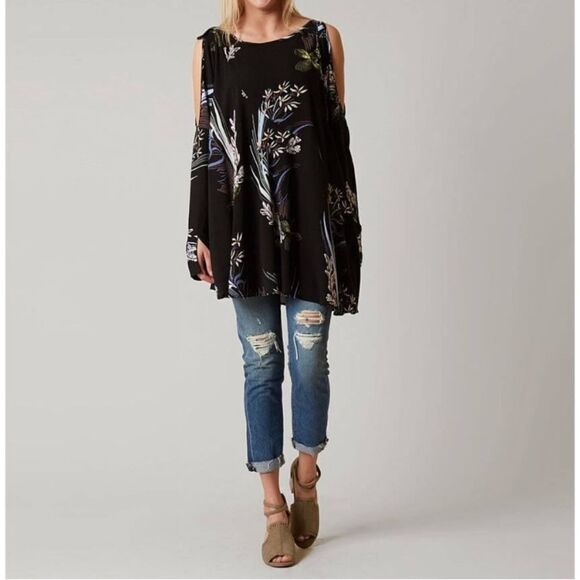 Free People Black Floral Cold Shoulder Tunic Dress Boho Feminine Contemporary - Picture 5 of 15